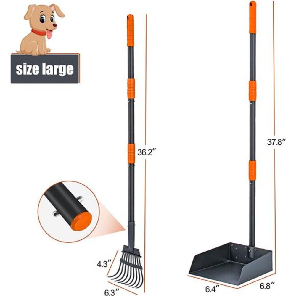 Pooper Scooper for Dog, Metal Poop Scooper Tray and Rake Set with Long Handle